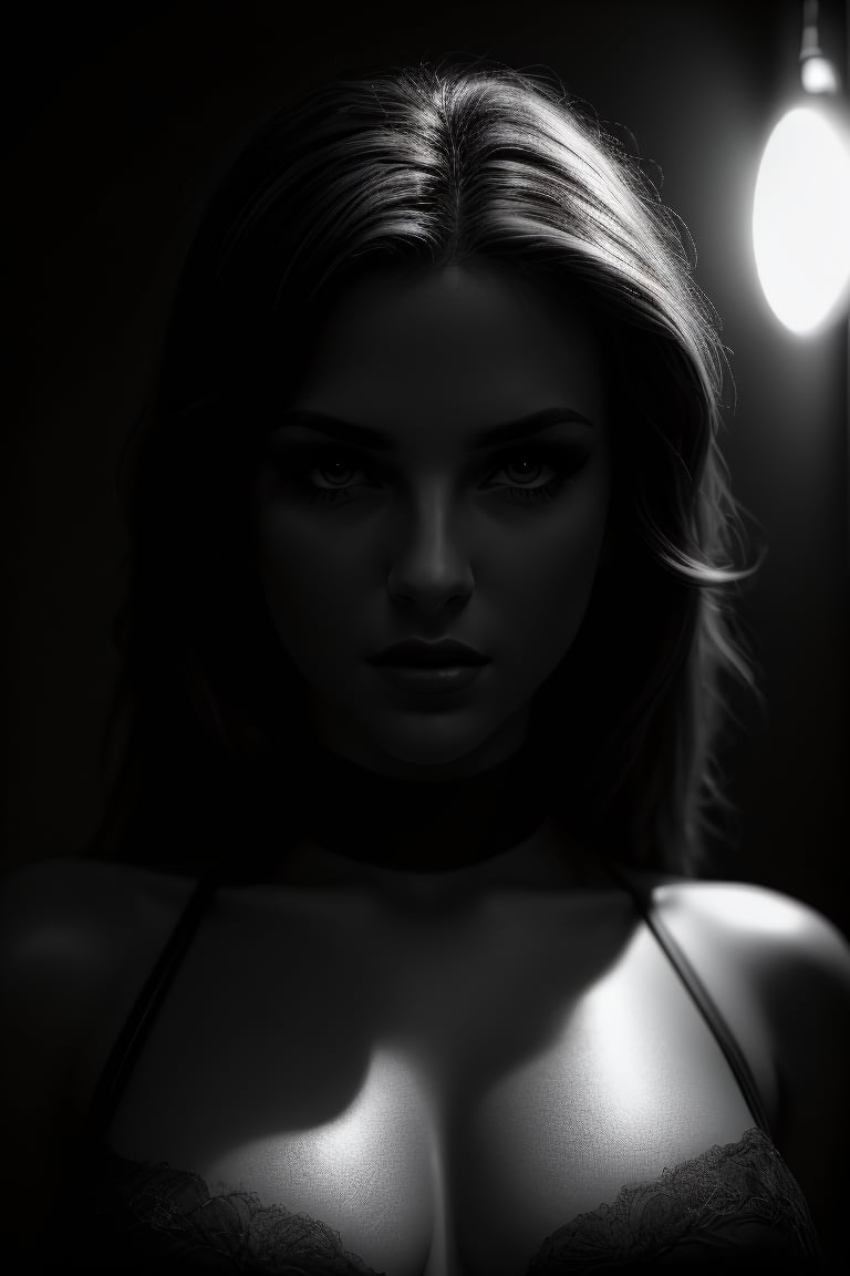 facing viewer, best quality, night, Highres, sharp focus, femme fatale, seductive expression, (diffused lighting, shadow composition:1.2), noir, photorealistic, (high detailed skin:1.2), skin texture, film grain