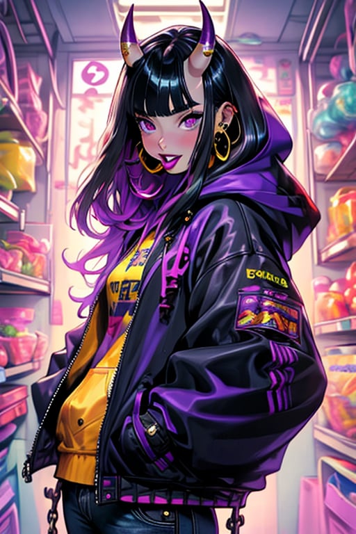 (masterpiece), , (best quality)

1girl, solo, long hair, looking at viewer, black hair, long sleeves, holding, jewelry, purple eyes, jacket, earrings, parted lips, food, horns, teeth, tongue, hood, blunt bangs, bag, nail polish, lips, fingernails, sleeves past wrists, hoodie, chain, piercing, hood down, holding food, ear piercing, candy, black nails, oni horns, hand in pocket, oni, lollipop, hoop earrings, purple jacket, holding candy, demon, holding lollipop