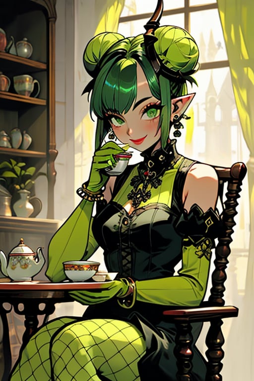 (masterpiece), , (best quality)

1girl, solo, looking at viewer, smile, short hair, gloves, dress, holding, jewelry, sitting, closed mouth, green eyes, pantyhose, earrings, detached sleeves, green hair, horns, pointy ears, elbow gloves, indoors, hair bun, black dress, bracelet, cup, hands up, double bun, makeup, chair, table, ring, lipstick, slit pupils, fishnets, holding cup, teacup, teapot, tea, green theme, black horns, green gloves, gothic, green pantyhose