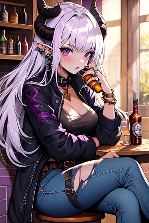 (masterpiece), , (best quality)

1girl, solo, long hair, breasts, looking at viewer, long sleeves, cleavage, jewelry, medium breasts, sitting, purple eyes, jacket, white hair, earrings, parted lips, horns, pointy ears, belt, pants, indoors, torn clothes, thigh strap, colored skin, black pants, ring, crossed legs, bottle, ear piercing, jeans, leather, stool, torn pants, bar (place), torn jeans, whiskey