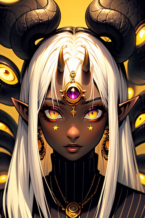 (masterpiece), , (best quality)

1girl, solo, long hair, looking at viewer, blonde hair, jewelry, closed mouth, yellow eyes, upper body, white hair, earrings, parted lips, horns, pointy ears, dark skin, sweater, dark-skinned female, third eye, portrait, tentacles, eyeball, extra eyes