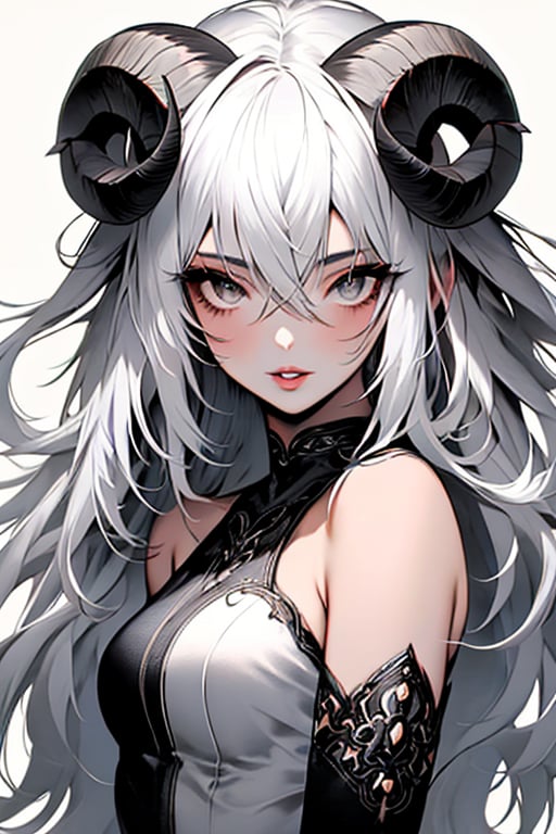 (masterpiece), , (best quality)

1girl, solo, long hair, looking at viewer, simple background, hair between eyes, bare shoulders, upper body, white hair, parted lips, horns, lips, grey eyes, black background, curled horns, white eyes, sheep horns