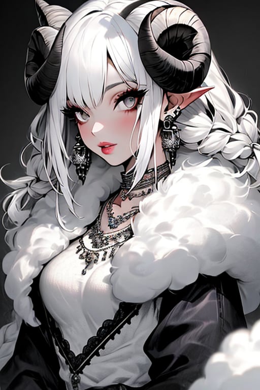 (masterpiece), , (best quality)

1girl, solo, long hair, looking at viewer, jewelry, upper body, braid, white hair, earrings, horns, necklace, lips, grey eyes, eyelashes, hair over shoulder, sheep horns, sheep girl