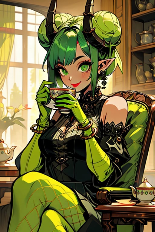 (masterpiece), , (best quality)

1girl, solo, looking at viewer, smile, short hair, gloves, dress, holding, jewelry, sitting, closed mouth, green eyes, pantyhose, earrings, detached sleeves, green hair, horns, pointy ears, elbow gloves, indoors, hair bun, black dress, bracelet, cup, hands up, double bun, makeup, chair, table, ring, lipstick, slit pupils, fishnets, holding cup, teacup, teapot, tea, green theme, black horns, green gloves, gothic, green pantyhose