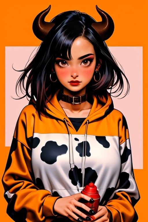 (masterpiece), , (best quality)

1girl, solo, long hair, looking at viewer, blush, black hair, holding, brown eyes,hoodie, horns,  nail polish, collar cowbell, makeup, short hair, cow print, red lips, year of the ox, small breats,,<lora:659111690174031528:1.0>