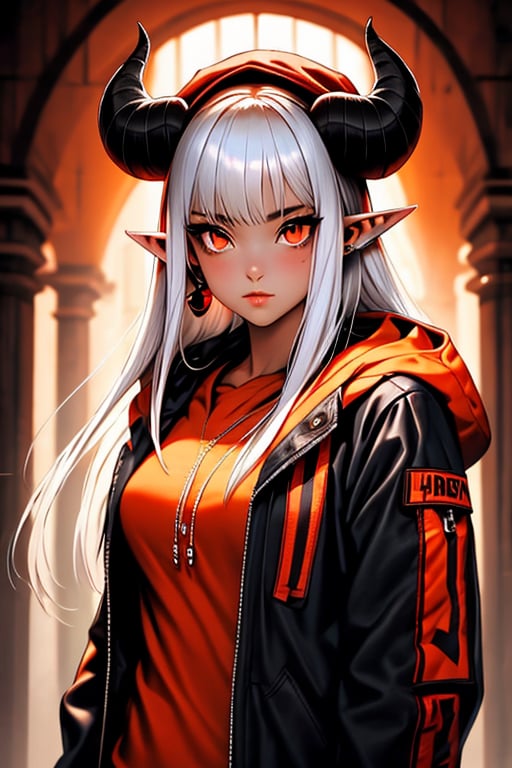 (masterpiece), , (best quality)

1girl, solo, long hair, looking at viewer, shirt, red eyes, hat, jewelry, closed mouth, jacket, upper body, white hair, open clothes, horns, pointy ears, hood, open jacket, black jacket, orange eyes, mole under eye, piercing, hood down, slit pupils, demon horns, hooded jacket, red headwear, beanie,