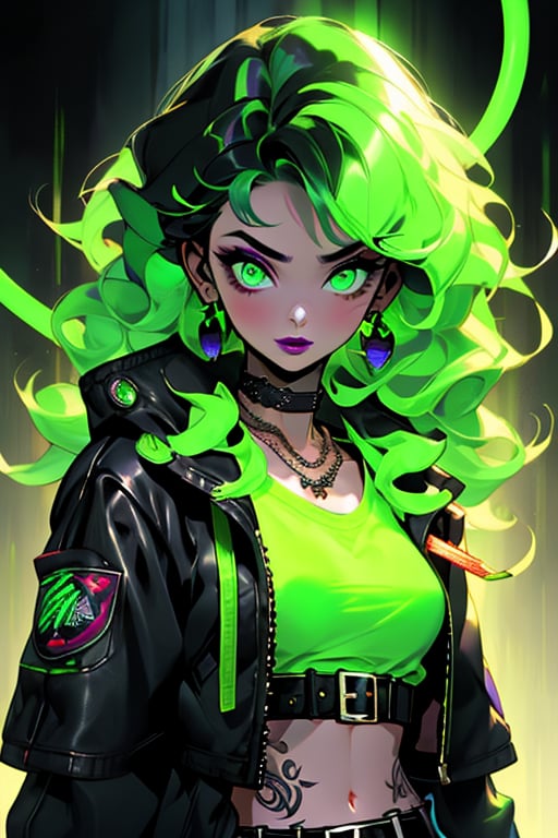 (masterpiece), , (best quality)

1girl, solo, long hair, breasts, looking at viewer, shirt, navel, jewelry, closed mouth, green eyes, jacket, upper body, earrings, green hair, open clothes, choker, midriff, belt, necklace, open jacket, lips, black jacket, crop top, tattoo, makeup, glowing, wavy hair, black choker, slit pupils, glowing eyes, clothes writing, buckle, curly hair, black belt, belt buckle, snake, leather, purple lips, leather jacket, snake hair