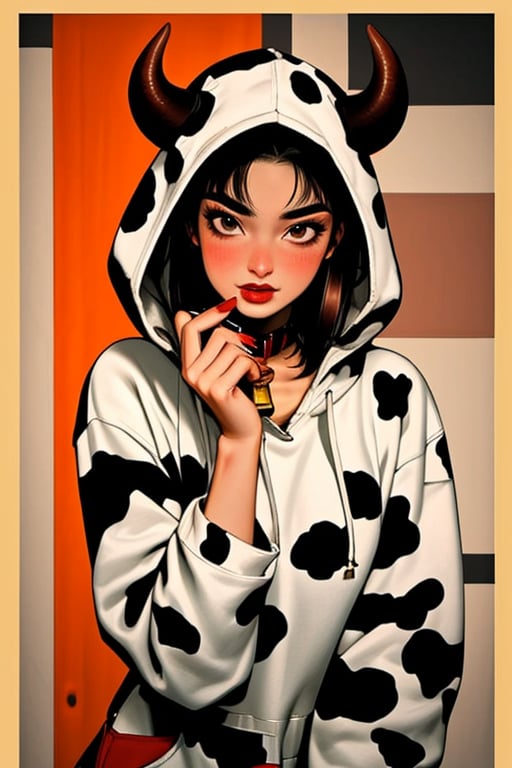 (masterpiece), , (best quality)

1girl, solo, long hair, looking at viewer, blush, black hair, brown eyes,hoodie, horns,  nail polish, collar cowbell, makeup, short hair, cow print, red lips, year of the ox, big breats,,<lora:659111690174031528:1.0>