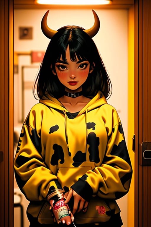 (masterpiece), , (best quality)

1girl, solo, long hair, looking at viewer, blush, black hair, holding, brown eyes,hoodie, horns, choker, indoors,  nail polish, collar cowbell, makeup, short hair, cow print, red lips, year of the ox, small breats,,<lora:659111690174031528:1.0>