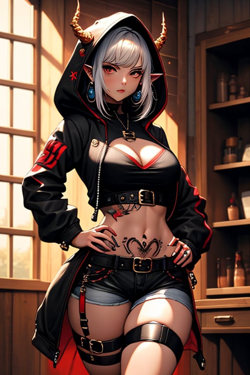 (masterpiece), , (best quality)

1girl, solo, breasts, looking at viewer, red eyes, long sleeves, navel, cleavage, jewelry, medium breasts, closed mouth, standing, jacket, tail, white hair, red hair, cowboy shot, earrings, open clothes, horns, shorts, pointy ears, midriff, belt, indoors, hood, open jacket, black jacket, crop top, short shorts, tattoo, thigh strap, black shorts, hooded jacket, hood up, zipper, hands on hips, leg tattoo