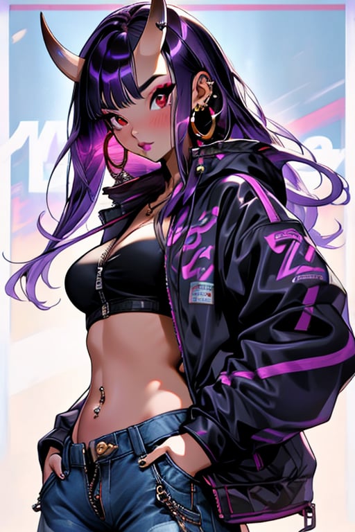 (masterpiece), , (best quality)

1girl, solo, long hair, breasts, looking at viewer, blush, black hair, red eyes, navel, jewelry, medium breasts, closed mouth, jacket, purple hair, earrings, open clothes, horns, midriff, pants, open jacket, lips, black jacket, crop top, makeup, piercing, ear piercing, zipper, oni horns, oni, hoop earrings, hands in pockets, unzipped, zipper pull tab, navel piercing