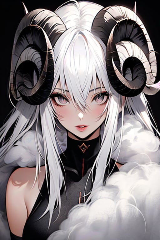 (masterpiece), , (best quality)

1girl, solo, long hair, looking at viewer, simple background, hair between eyes, bare shoulders, upper body, white hair, parted lips, horns, lips, grey eyes, black background, curled horns, white eyes, sheep horns