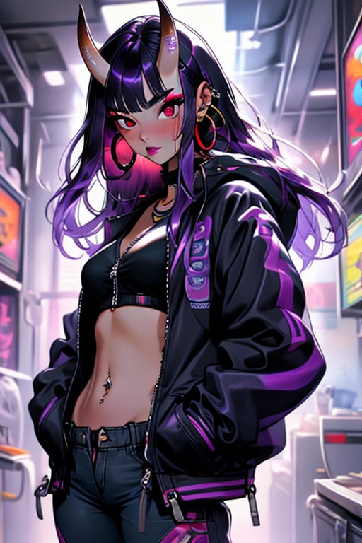 (masterpiece), , (best quality)

1girl, solo, long hair, breasts, looking at viewer, blush, black hair, red eyes, navel, jewelry, medium breasts, closed mouth, jacket, purple hair, earrings, open clothes, horns, midriff, pants, open jacket, lips, black jacket, crop top, makeup, piercing, ear piercing, zipper, oni horns, oni, hoop earrings, hands in pockets, unzipped, zipper pull tab, navel piercing