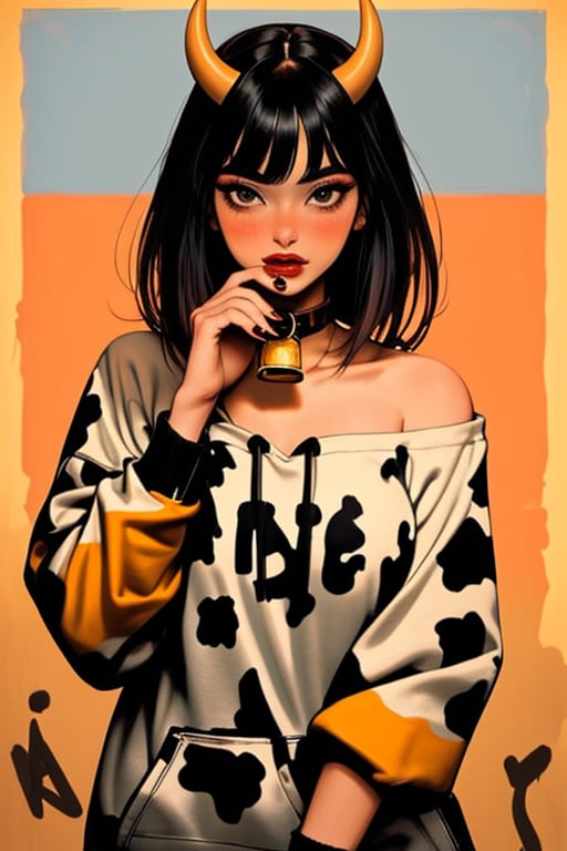 (masterpiece), , (best quality)

1girl, solo, long hair, looking at viewer, blush, black hair, brown eyes,hoodie, horns,  nail polish, collar cowbell, makeup, short hair, cow print, red lips, year of the ox, big breats,,<lora:659111690174031528:1.0>