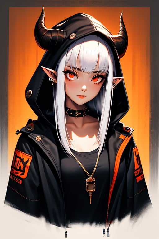 (masterpiece), , (best quality)

1girl, solo, long hair, looking at viewer, shirt, red eyes, hat, jewelry, closed mouth, jacket, upper body, white hair, open clothes, horns, pointy ears, hood, open jacket, black jacket, orange eyes, mole under eye, piercing, hood down, slit pupils, demon horns, hooded jacket, red headwear, beanie,