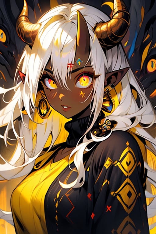 (masterpiece), , (best quality)

1girl, solo, long hair, looking at viewer, blonde hair, jewelry, closed mouth, yellow eyes, upper body, white hair, earrings, parted lips, horns, pointy ears, dark skin, sweater, dark-skinned female, third eye, portrait, tentacles, eyeball, extra eyes