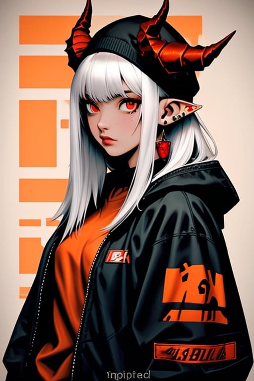 (masterpiece), , (best quality)

1girl, solo, long hair, looking at viewer, shirt, red eyes, hat, jewelry, closed mouth, jacket, upper body, white hair, earrings, open clothes, horns, pointy ears, hood, mole, english text, open jacket, black jacket, orange eyes, mole under eye, piercing, hood down, slit pupils, demon horns, ear piercing, hooded jacket, red headwear, beanie, barcode,<lora:659111690174031528:1.0>