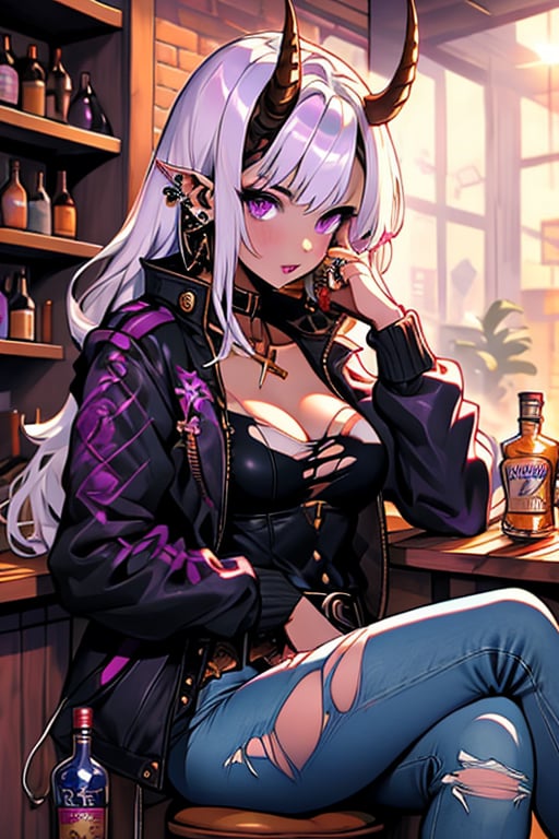 (masterpiece), , (best quality)

1girl, solo, long hair, breasts, looking at viewer, long sleeves, cleavage, jewelry, medium breasts, sitting, purple eyes, jacket, white hair, earrings, parted lips, horns, pointy ears, belt, pants, indoors, torn clothes, thigh strap, colored skin, black pants, ring, crossed legs, bottle, ear piercing, jeans, leather, stool, torn pants, bar (place), torn jeans, whiskey