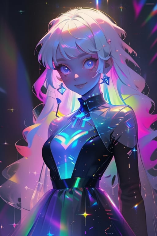 1girl, long hair, smile,colorful dress, white hair, solo focus, sparkle, colored skin, chromatic,chromatic dress, hologram skirt,portrait,(dress hologram:1.2), bioluminescent liquid,High detailed ,ASU1,ayaka_genshin,Color magic