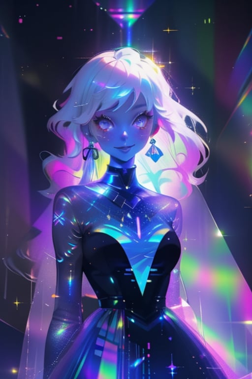 1girl, long hair, smile,colorful dress, white hair, solo focus, sparkle, colored skin, chromatic,chromatic dress, hologram skirt,portrait,(dress hologram:1.2), bioluminescent liquid,High detailed ,ASU1,ayaka_genshin,Color magic