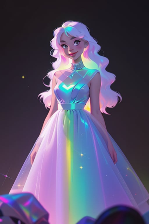 1girl, long hair, smile,colorful dress, white hair, solo focus, sparkle, colored skin, chromatic,chromatic dress, hologram skirt,portrait,(dress hologram:1.2), bioluminescent liquid