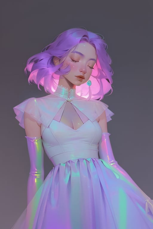 hologram skirt,portrait,(dress hologram:1.2), bioluminescent liquid,

post-Impressionist,Detailedface

1girl, solo, breasts, simple background, gloves, dress, cleavage, closed eyes, pink hair, purple hair, elbow gloves, medium hair, white dress, purple background, v arms, purple theme, chromatic, chromatic hair,chromatic dress,chromatic gloves,