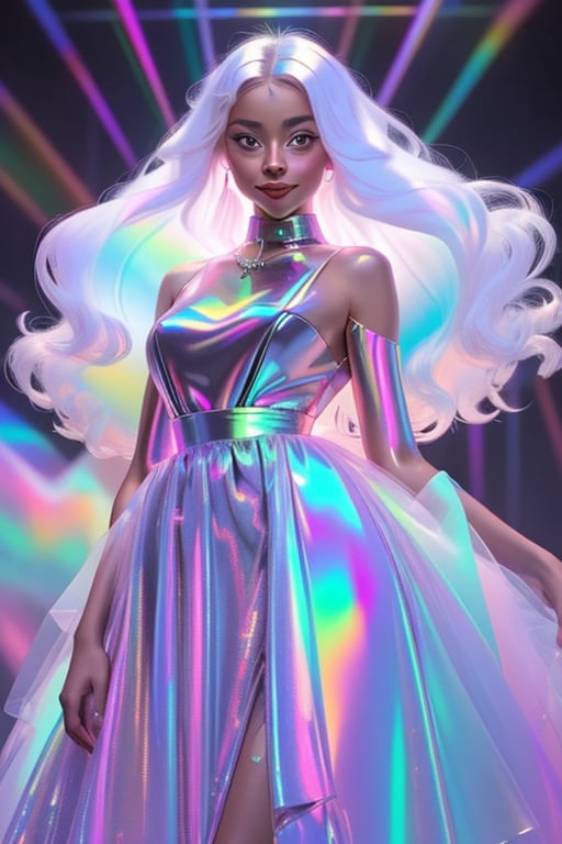 1girl, long hair, smile,colorful dress, white hair, solo focus, sparkle, colored skin, chromatic,chromatic dress, hologram skirt,portrait,(dress hologram:1.2), bioluminescent liquid,High detailed ,ASU1