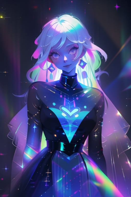 1girl, long hair, smile,colorful dress, white hair, solo focus, sparkle, colored skin, chromatic,chromatic dress, hologram skirt,portrait,(dress hologram:1.2), bioluminescent liquid,High detailed ,ASU1,ayaka_genshin,Color magic