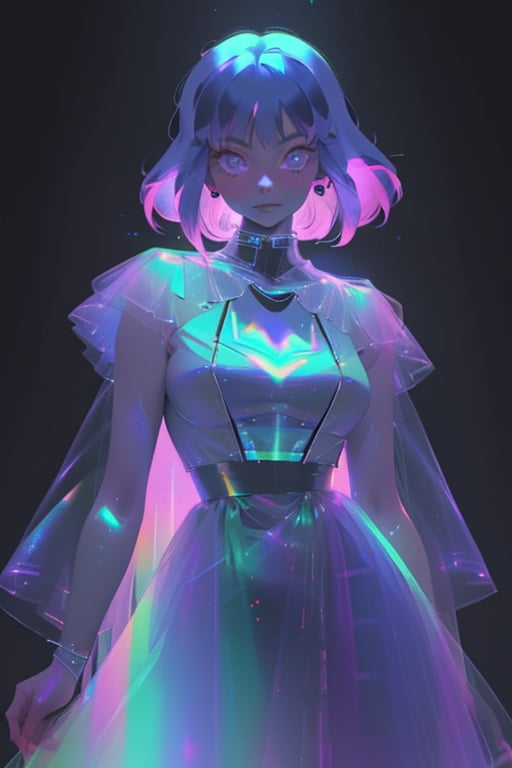 hologram skirt,portrait,(dress hologram:1.2), bioluminescent liquid,

1girl, solo, breasts, looking at viewer, short hair, simple background, pink hair, cape, white dress, glowing, colored skin, black background,    chromatic, chromatic hair,chromatic dress,