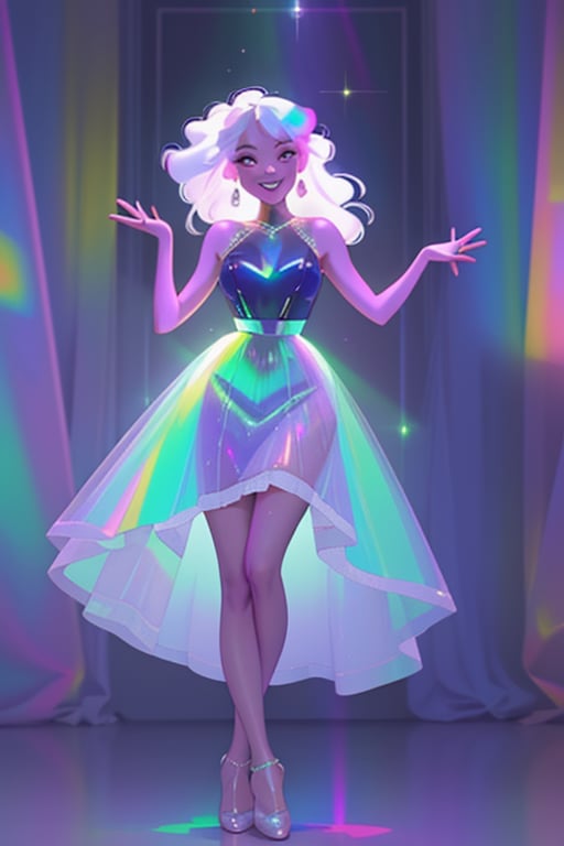 1girl, long hair, smile,colorful dress, white hair, solo focus, sparkle, colored skin, , dancing, chromatic,chromatic dress, hologram skirt,portrait,(dress hologram:1.2), bioluminescent liquid