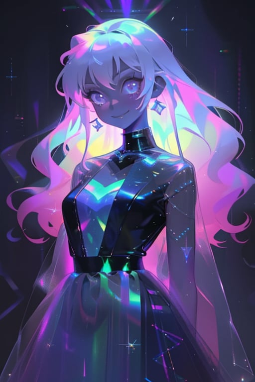 1girl, long hair, smile,colorful dress, white hair, solo focus, sparkle, colored skin, chromatic,chromatic dress, hologram skirt,portrait,(dress hologram:1.2), bioluminescent liquid,High detailed ,ASU1