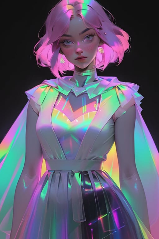 hologram skirt,portrait,(dress hologram:1.2), bioluminescent liquid,

1girl, solo, breasts, looking at viewer, short hair, simple background, pink hair, cape, white dress, glowing, colored skin, black background,    chromatic, chromatic hair,chromatic dress,post-Impressionist,Detailedface