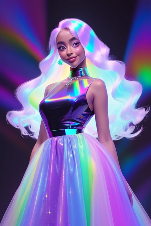 1girl, long hair, smile,colorful dress, white hair, solo focus, sparkle, colored skin, chromatic,chromatic dress, hologram skirt,portrait,(dress hologram:1.2), bioluminescent liquid,High detailed 