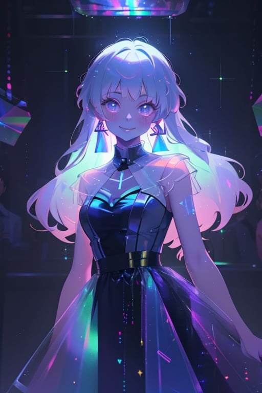 1girl, long hair, smile,colorful dress, white hair, solo focus, sparkle, colored skin, chromatic,chromatic dress, hologram skirt,portrait,(dress hologram:1.2), bioluminescent liquid,High detailed ,ASU1,ayaka_genshin