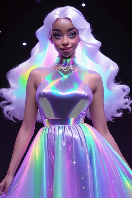 1girl, long hair, smile,colorful dress, white hair, solo focus, sparkle, colored skin, chromatic,chromatic dress, hologram skirt,portrait,(dress hologram:1.2), bioluminescent liquid,High detailed 