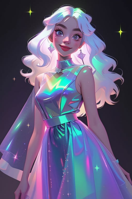 1girl, long hair, smile,colorful dress, white hair, solo focus, sparkle, colored skin, chromatic,chromatic dress, hologram skirt,portrait,(dress hologram:1.2), bioluminescent liquid,High detailed 