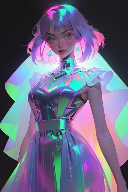 hologram skirt,portrait,(dress hologram:1.2), bioluminescent liquid,

1girl, solo, breasts, looking at viewer, short hair, simple background, pink hair, cape, white dress, glowing, colored skin, black background,    chromatic, chromatic hair,chromatic dress,post-Impressionist