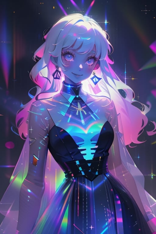 1girl, long hair, smile,colorful dress, white hair, solo focus, sparkle, colored skin, chromatic,chromatic dress, hologram skirt,portrait,(dress hologram:1.2), bioluminescent liquid,High detailed ,ASU1,ayaka_genshin,Color magic