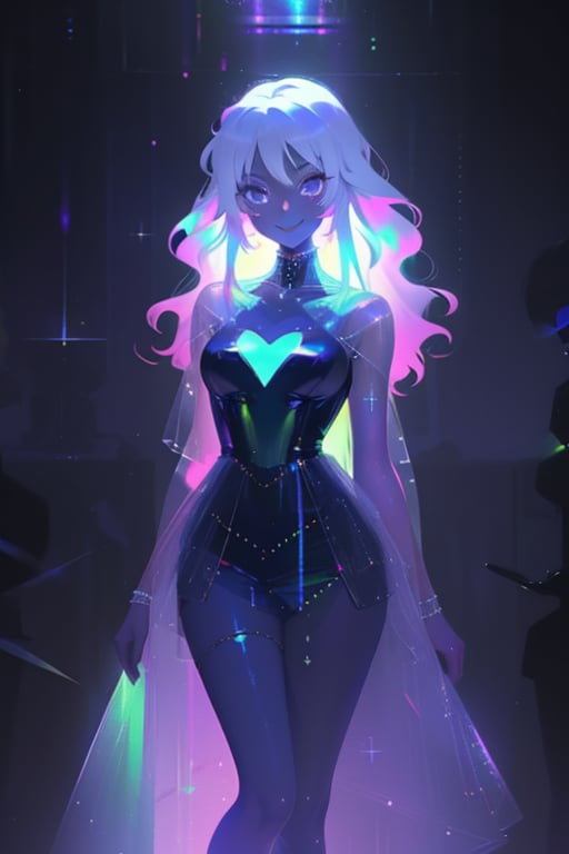 1girl, long hair, smile,colorful dress, white hair, solo focus, sparkle, colored skin, chromatic,chromatic dress, hologram skirt,portrait,(dress hologram:1.2), bioluminescent liquid,High detailed ,ASU1