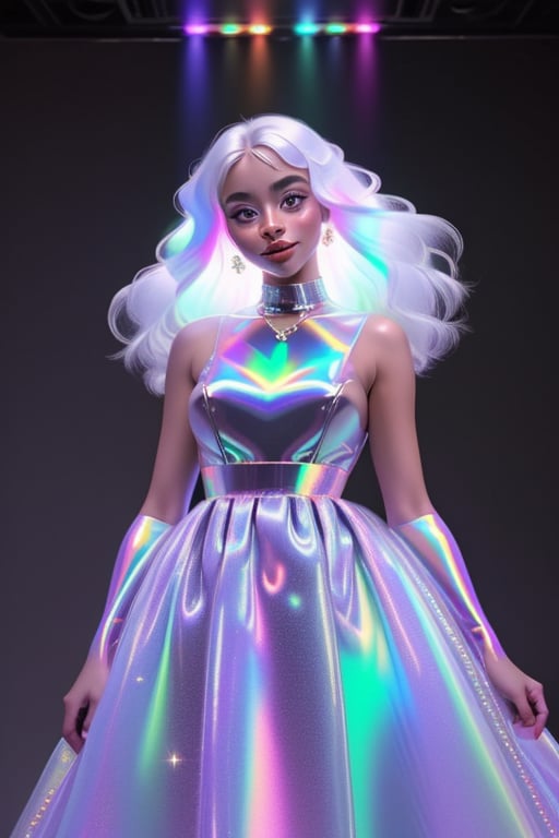 1girl, long hair, smile,colorful dress, white hair, solo focus, sparkle, colored skin, chromatic,chromatic dress, hologram skirt,portrait,(dress hologram:1.2), bioluminescent liquid,High detailed ,ASU1