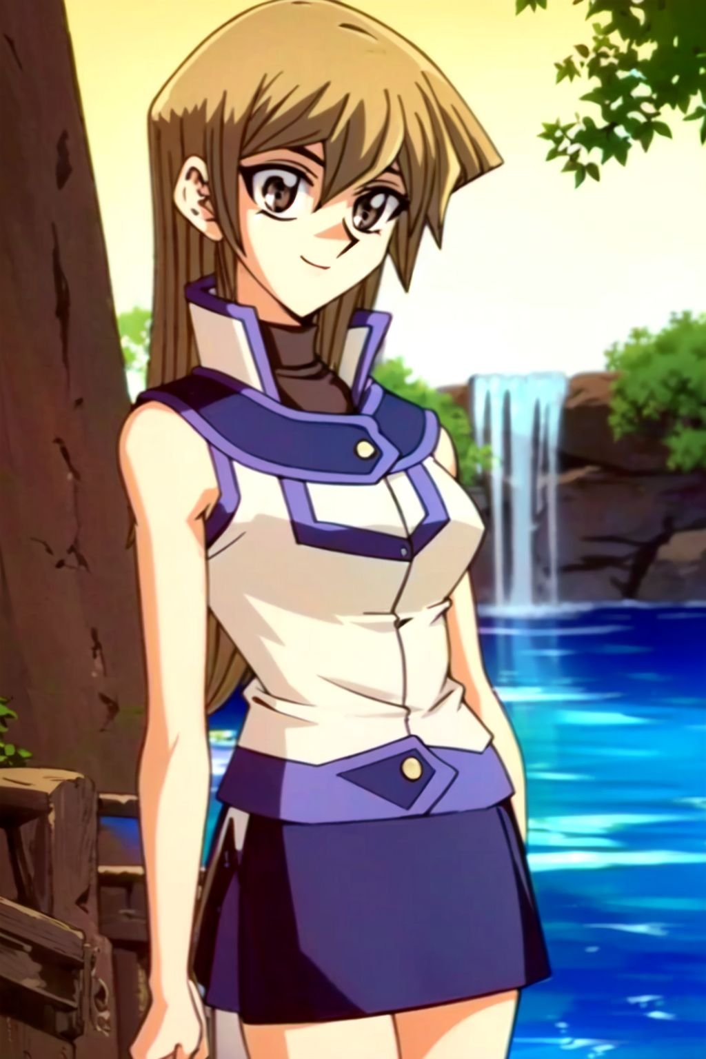 (rule of thirds), (masterpiece), (highly detailed), ((AlexisRhodes, solo focus, 1girl, blonde hair, long hair, brown eyes, dynamic pose, duel academy uniform, school uniform, sleeveless, standing, smile, skirt,)) (cowboy shot, portrait, close up,) (night, pillar, ambient lighting, waterfall, pool,)  <lora:AlexisRhodes:0.8>,  Cinematic_Color,  Cinematic_DepthOfField,  Cinematic_DutchAngle,  Cinematic_GoldenHour,