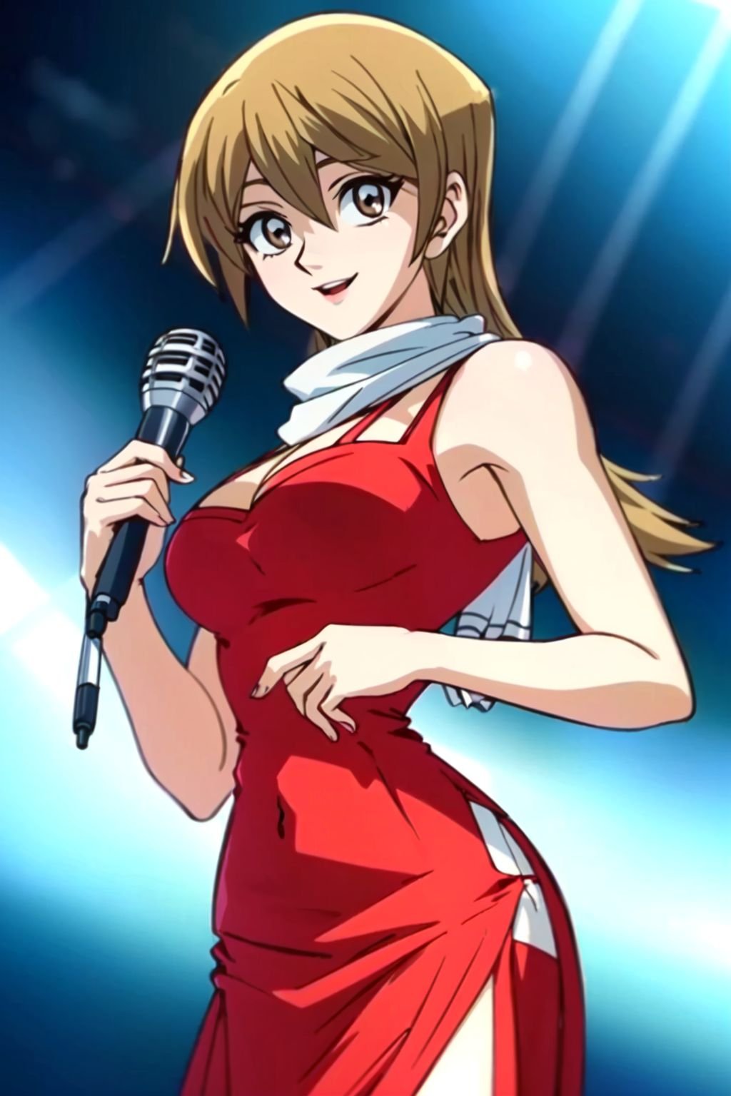 (rule of thirds), (masterpiece), (highly detailed), ((AlexisRhodes, solo focus, 1girl, blonde hair, long hair, brown eyes, dynamic pose, singing, red dress, holding microphone, standing, smile, scarf, bare chest, bare shoulders, cleavage, stripeless,)) (cowboy shot, portrait, close up,) (stage,)  <lora:AlexisRhodes:0.6>,  Cinematic_Color,  Cinematic_DepthOfField,  Cinematic_DutchAngle,  Cinematic_GoldenHour,