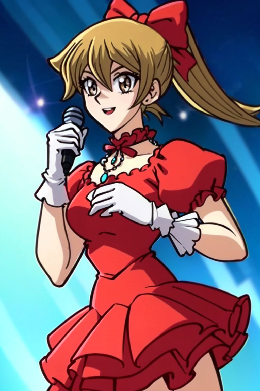 (rule of thirds), (masterpiece), (highly detailed), ((AlexisRhodes, solo focus, 1girl, blonde hair, long hair, brown eyes, hair bow, ponytail, dynamic pose, singing, red dress, holding microphone, standing, smile, necklace, white gloves, puffy sleeves, frills, cleavage, choker, juwelry,)) (cowboy shot, portrait, close up,) (stage,)  <lora:AlexisRhodes:0.8>,  Cinematic_Color,  Cinematic_DepthOfField,  Cinematic_DutchAngle,  Cinematic_GoldenHour,