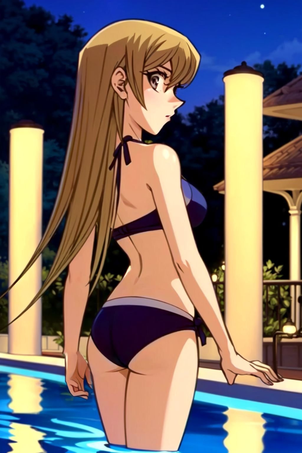 (rule of thirds), (masterpiece), (highly detailed), (AlexisRhodes, 1girl, solo focus, blonde hair, brown eyes, long hair, bikini,) (pool, night, lamp, architecture, pillar,)  <lora:Yugioh_AlexisRhodes:0.2>