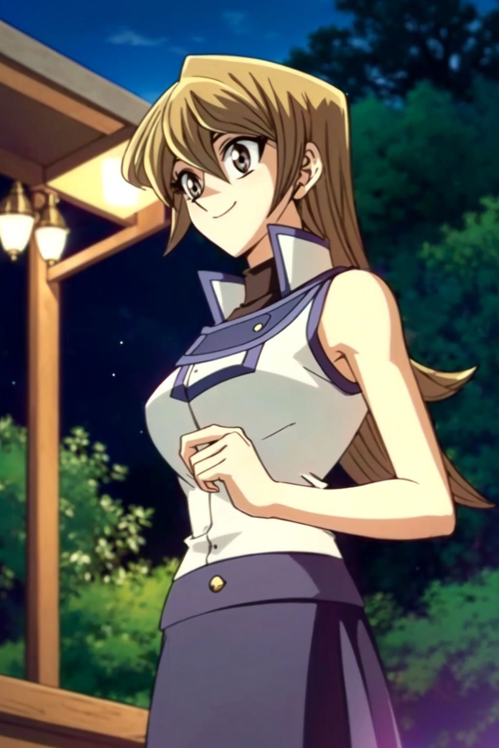 (rule of thirds), (masterpiece), (highly detailed), ((AlexisRhodes, solo focus, 1girl, blonde hair, long hair, brown eyes, dynamic pose, duel academy uniform, school uniform, sleeveless, standing, smile, skirt,)) (cowboy shot, portrait, close up,) (night, pillar, ambient lighting, waterfall, pool, lamp,)  <lora:AlexisRhodes:0.4>,  Cinematic_Color,  Cinematic_DepthOfField,  Cinematic_DutchAngle,  Cinematic_GoldenHour,