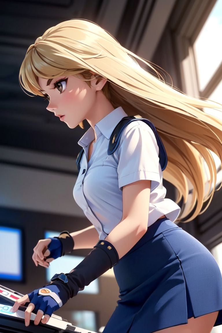 (rule of thirds), (masterpiece), (highly detailed), (realistic), (photorealistic), (AlexisRhodes, blonde hair, brown eyes, long hair, 1girl, solo focus, petite, blue skirt, white shirt,  duel disk, fingerless gloves,)  <lora:AlexisRhodes:0.5>, Cinematic_BlurredForeground,  Cinematic_Color,  Cinematic_DepthOfField,  Cinematic_DutchAngle,  Cinematic_GoldenHour,