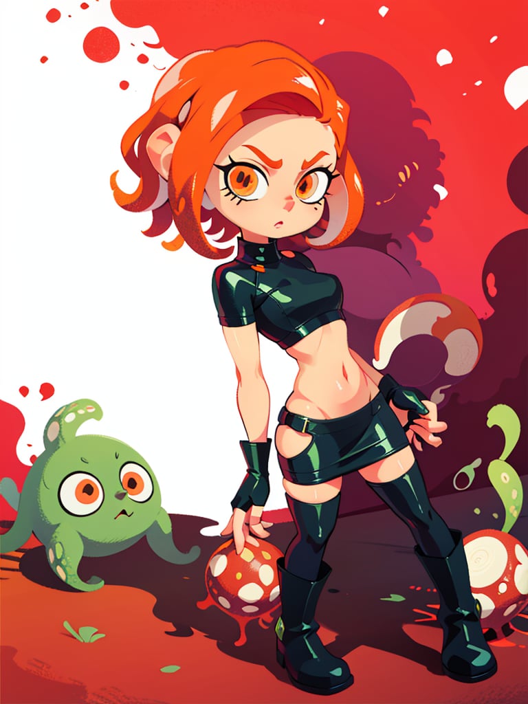 agent_8, tentacle hair, octarian, red hair, short hair, pencil skirt, midriff, boots, orange eyes, high details, high quality, textured skin, ccurate, anatomically correct, UHD, HD, 