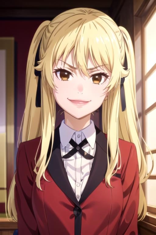 (((pixel-perfect, detail-perfect))), solo, 1girl, <lora:mary-kakegurui:0.8>, mary satome, blazer, upper body, looking at viewer, smug, smile