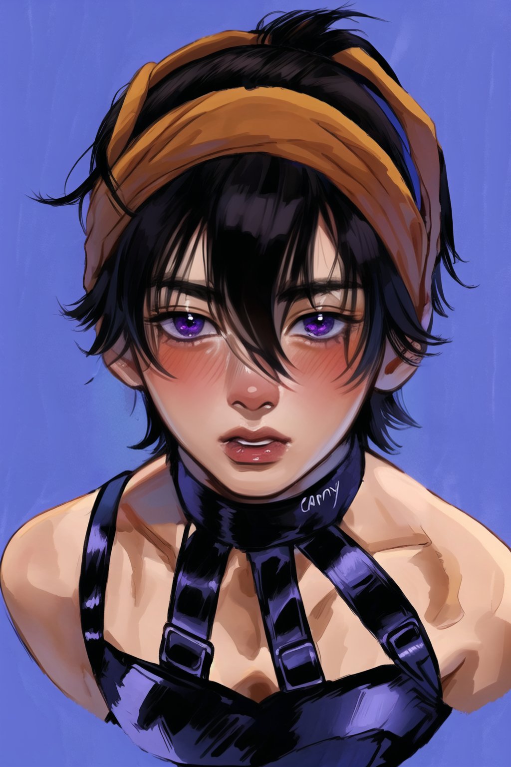 narancia, 1girl, feminine, looking at viewer, dark black hair, detailed purple eyes, young, camymin, beautiful, highres, eyelashes, blushing, headband