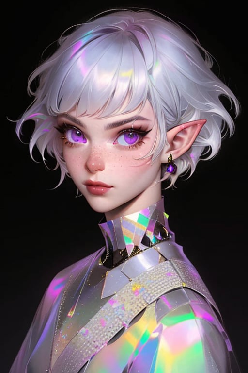 

1girl, solo, looking at viewer, short hair, jewelry, closed mouth, purple eyes, upper body, white hair, earrings, pointy ears, lips, eyelashes, colored skin, black background, portrait, freckles, nose,  chromatic, chromatic hair,chromatic dress,